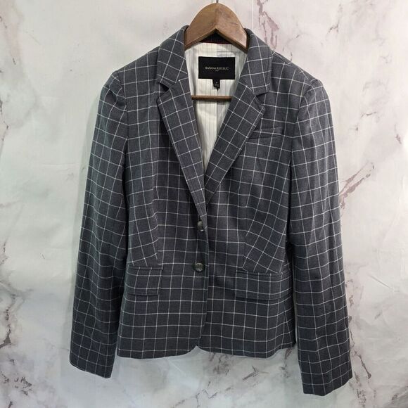 Banana Republic Blazer Womens 4 Small Gray Plaid Windowpane Jacket Two Button - Picture 1 of 13